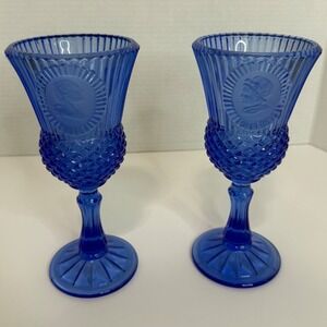 Vintage Avon Fostoria Cobalt Blue George and Martha Washington Cameo Goblet Set